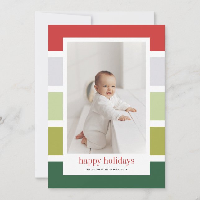 Bright Red and Green Stripes Happy Holidays Photo Holiday Card (Front)