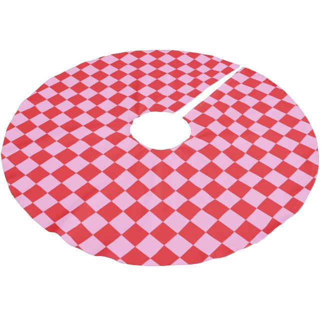 Bright Red and Light Pink Checkered Brushed Polyester Tree Skirt (Angled)