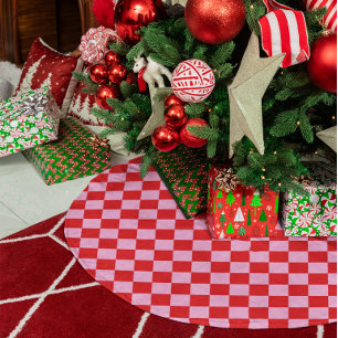 Bright Red and Light Pink Checkered Brushed Polyester Tree Skirt