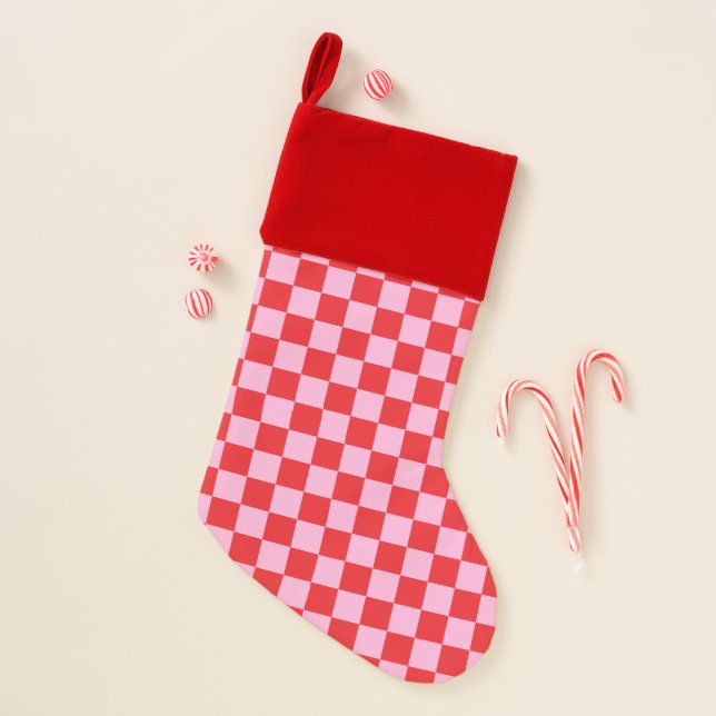 Bright Red and Light Pink Checkered Christmas Stocking (Front)