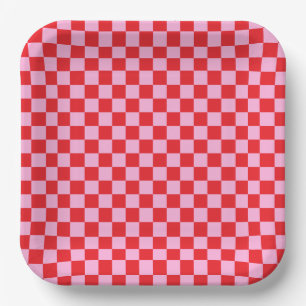 Bright Red and Light Pink Checkered Paper Plates