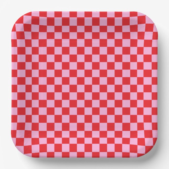 Bright Red and Light Pink Checkered Paper Plates (Front)