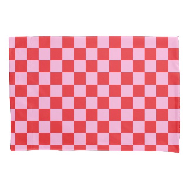Bright Red and Light Pink Checkered Pillow Case (Front)