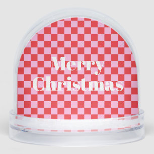 Bright Red and Light Pink Checkered Snow Globe