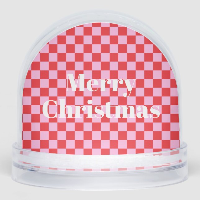 Bright Red and Light Pink Checkered Snow Globe (Front)