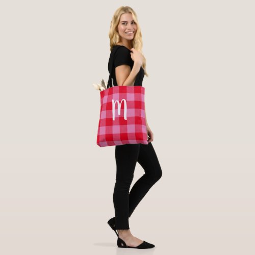 Bright Red and Pink Buffalo Plaid Monogrammed Tote Bag