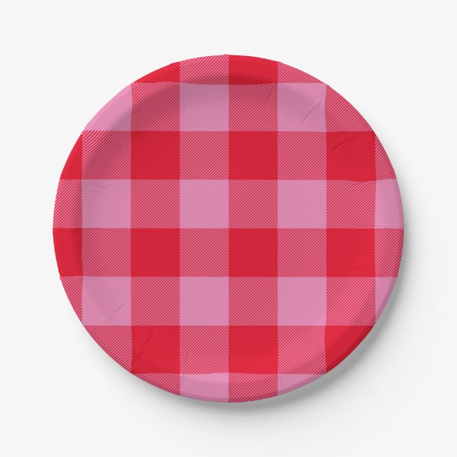 Bright Red and Pink Buffalo Plaid Paper Plates (Front)
