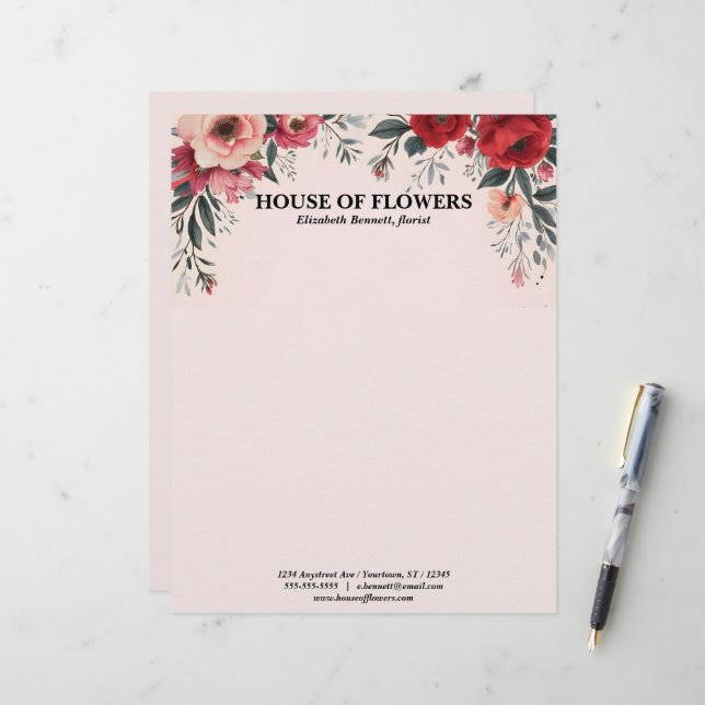 Bright Red and Pink Flowers on Pink Letterhead (Front/Back In Situ)