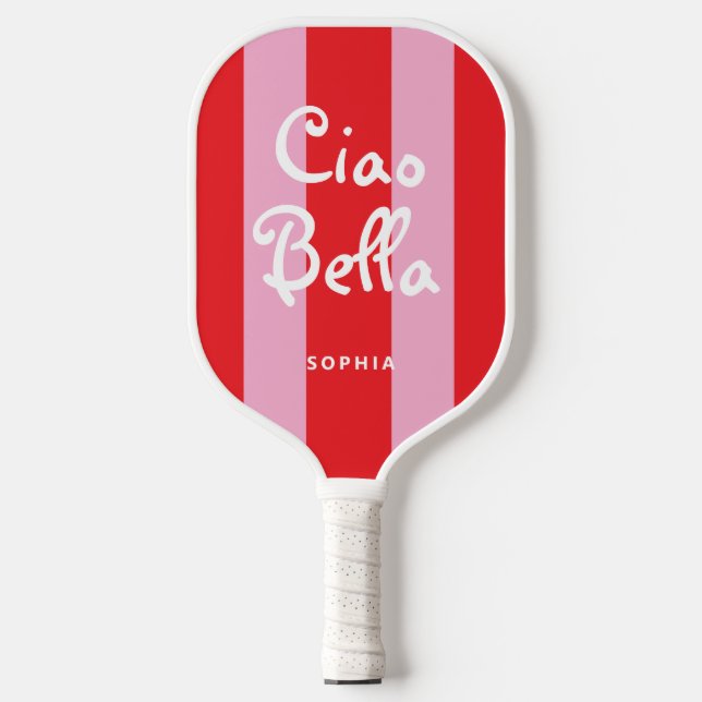 Bright Red and Pink Stripes | Ciao Bella Pickleball Paddle (Front)