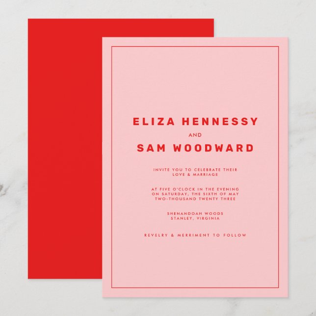 Bright Red and Pink Wes Anderson Inspired Wedding Invitation (Front/Back)