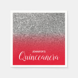 Bright Red and Silver Glitter Ombre Quinceanera Napkins