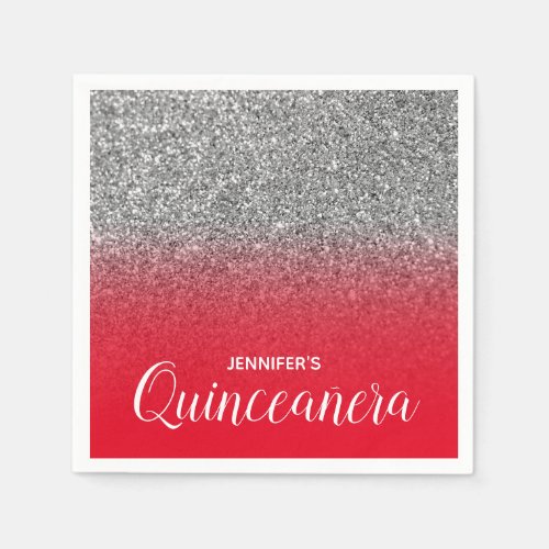 Bright Red and Silver Glitter Ombre Quinceanera Napkins