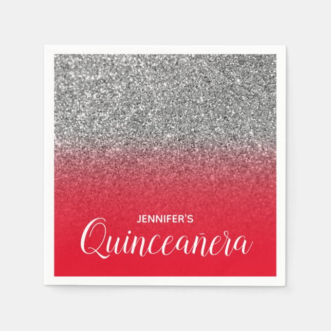 Bright Red and Silver Glitter Ombre Quinceanera Napkins (Front)