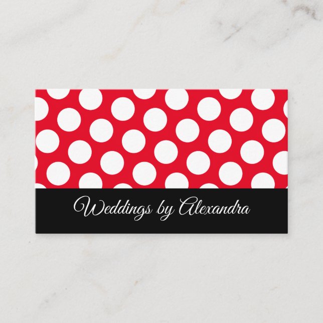Bright Red and White Polka Dot Black Accent Business Card (Front)