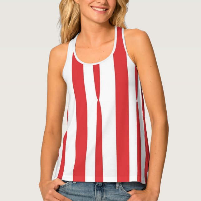 Bright Red and White scripted vertical Stripe Tank Top (Front)