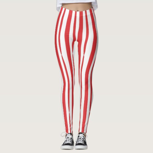 Bright Red and White vertical Stripe Leggings