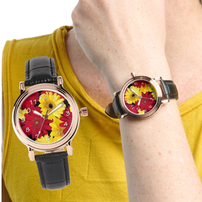 Bright Red and Yellow Gerber Daisies Watch (floral watch face)