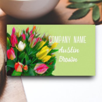 Bright Red And Yellow Tulips On Spring Green  Business Card by annpowellart at Zazzle