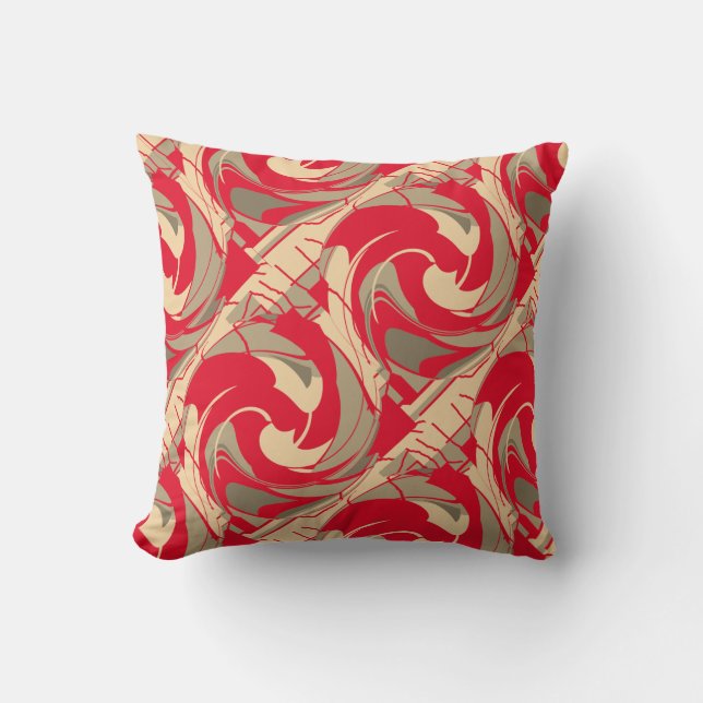 Bright Red Beige Taupe Diagonal Swirling Art Print Throw Pillow (Front)