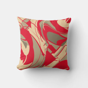 Bright Red Beige Taupe Swirling Floral Diagonal Throw Pillow