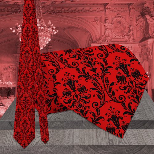 Bright Red  Black Floral Damask Wedding Neck Tie