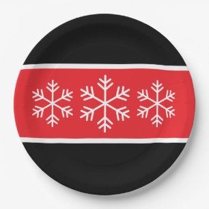 Bright Red Black White Stripes Alpine Snowflakes Paper Plates