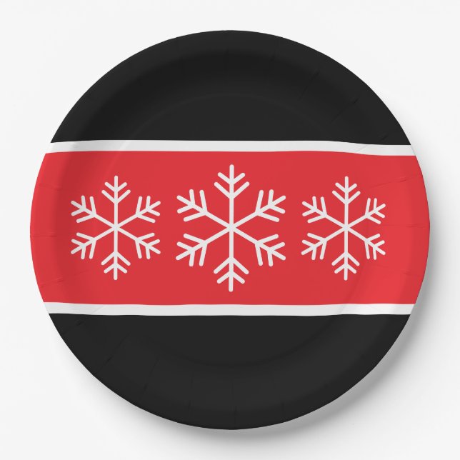 Bright Red Black White Stripes Alpine Snowflakes Paper Plates (Front)