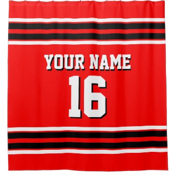 Bright Red Black White Stripes Sports Jersey Shower Curtain by FantabulousSports at Zazzle