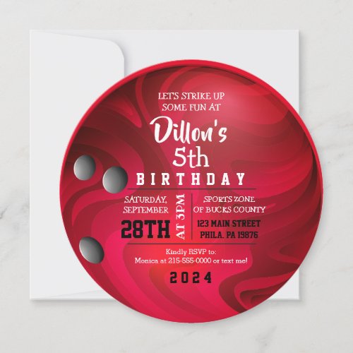 Bright RED BOWLING BALL ROUND Birthday Party Invitation