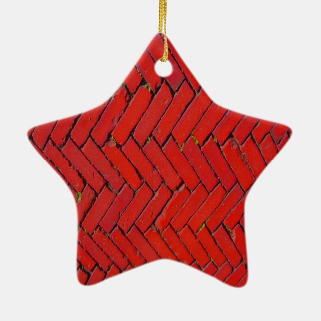 Bright Red Brick chevron pattern Ceramic Ornament (Back)