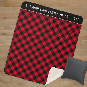 Bright Red Buffalo Plaid Family Monogram Sherpa Blanket