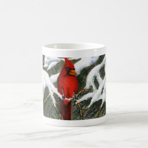 Bright red Cardinal bird in snowy pines  Coffee Mu Coffee Mug