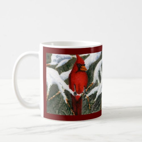 Bright red Cardinal bird in snowy pines  Coffee Mu Coffee Mug