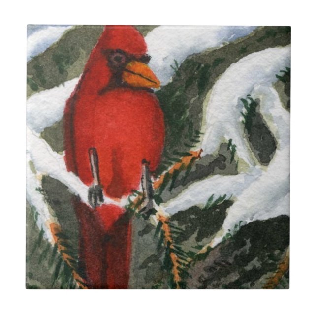 Bright red Cardinal in a snow covered pine Ceramic Tile (Front)