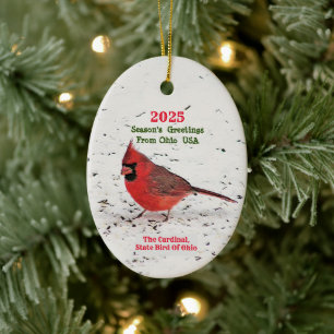 BRIGHT RED CARDINAL IN SNOW/ STATE BIRD OF OHIO CERAMIC ORNAMENT