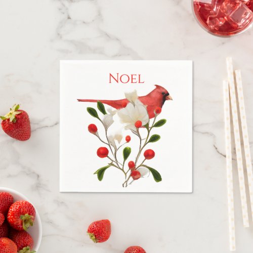 Bright Red Cardinal on a Berry Branch Napkins