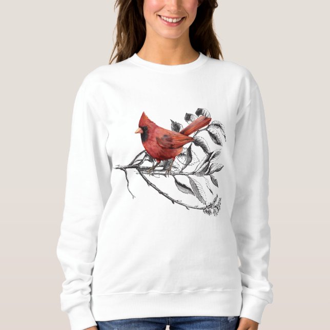 Bright Red Cardinal on Black and White Twigs Sweatshirt (Front)
