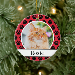 Bright Red Cat Photo Script Name Paw Print Ceramic Ornament