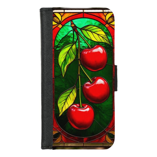 Bright Red Cherries and Green Leaves iPhone Wallet Case (Front)