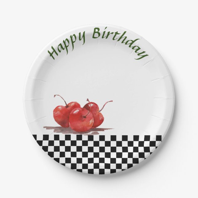 Bright Red Cherries on a Checked Tablecloth 2 Paper Plates (Front)