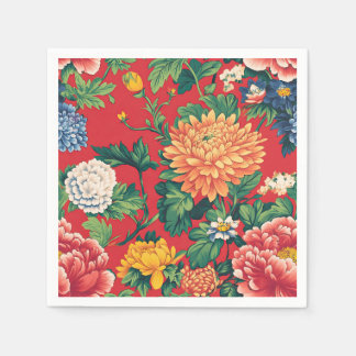 Bright Red Chinoiserie Floral Napkins