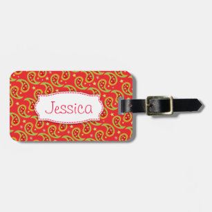 Bright red christmas paisley named luggage tag