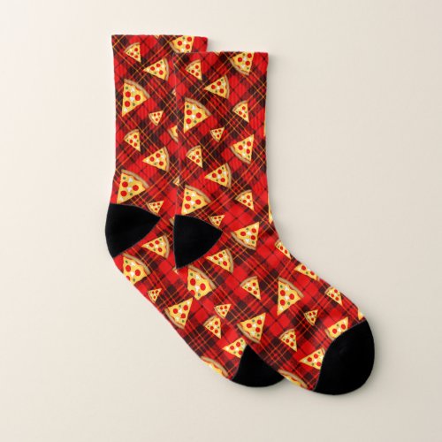 Bright Red Christmas tartan Pizza pattern Socks