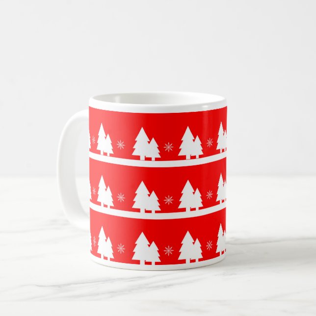 Bright Red Christmas Trees and Snowflakes Coffee Mug (Front Left)