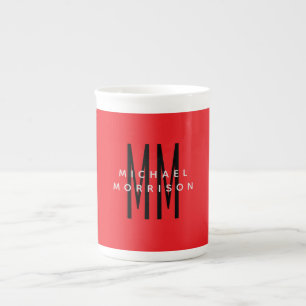 Bright Red Color Monogram Initial Letters Name Bone China Mug