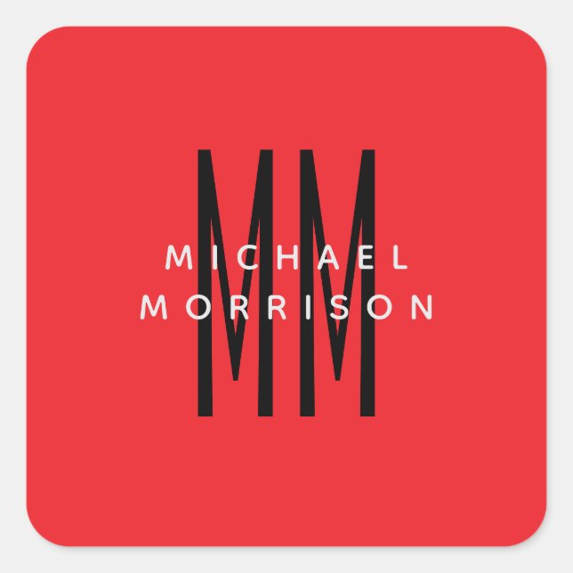 Bright Red Color Monogram Initial Letters Name Square Sticker (Front)