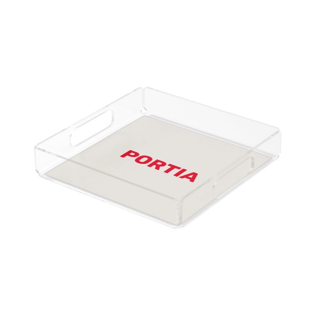 Bright red custom name plain gray acrylic tray (Angled)