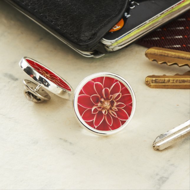 Bright Red Dahlia Flower Lapel Pin (In Situ)