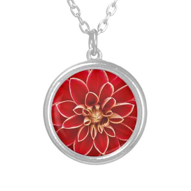 Bright Red Dahlia Silver Plated Necklace (Front)