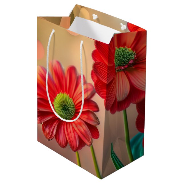 Bright Red Daisy Flowers Medium Gift Bag (Back Angled)